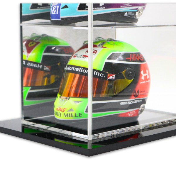 Floor-standing display case for 4 helmets in 1/2 scale mirrored